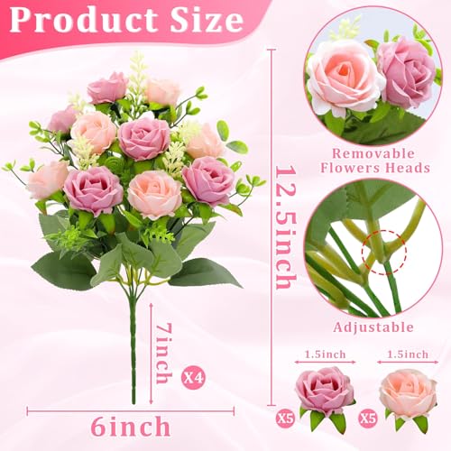 TURNMEON 40 Heads Fake Roses Artificial Flowers for Outdoors Summer Decor, 4 Bouquets UV Resistant Fake Flower Bouquet Faux Silk Roses for Wedding Birthday Party Home Mother's Day Cemetery Decor(Pink) - color: Pink
