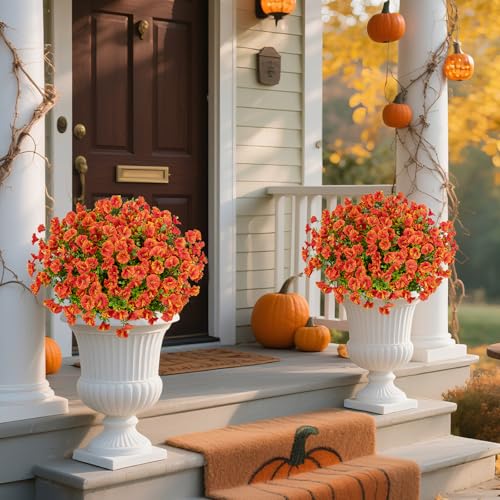 Ouddy Decor 24 Bundles Artificial Fall Flowers for Outdoors Decoration Artificial Mums Fake Silk Morning Glory Flowers Plants UV Resistant for Fall Autumn Thanksgiving Porch Garden Home Decor, Orange - color: Deep Orange
