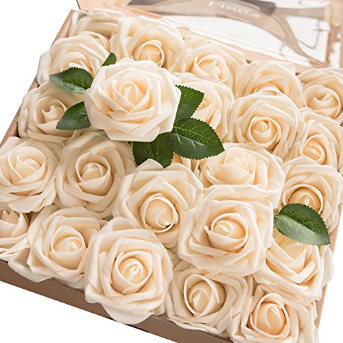 Ling's moment Artificial Flowers 50Pcs Cream Roses Decor w/Stems,3" Real Touch DIY Foam Floral for Wedding Bouquet/Centerpieces, Outdoors Party Backdrop, Room/Table, and Garden/Pot Decorations(2023) | Foam Material, With Stems, DIY Floral, Wedding/Party D