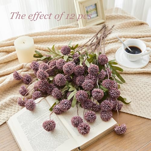 SITUMEIZI Purple Pompon Mum Artificial Flowers Faux Silk Mums Mini Chrysanthemum with Stems 6Pcs for DIY Purple Wedding Centerpieces Floral Arrangements - color: Taupe