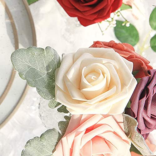 Higfra Artificial Flowers Champagne Roses W/Stem, Rustic Farmhouse Decor for Home Wedding Kitchen and Office Ideal Bridal Shower Party Home Decorations 25pcs - color: Champagne, size: 25Pcs