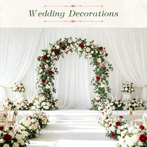 2 Pack 11.2 Ft Artificial Flower Garland with White Roses, Realistic Fake Greenery Vines with 17 Roses Flowers for Wedding Table Centerpieces Arch Party Ceremony Backdrop Decor (Mix RED) - color: Mix Red