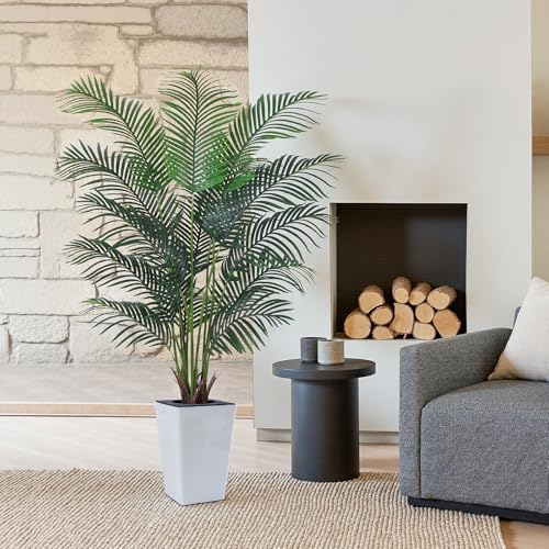 Artificial Palm Tree with White Tall Planter, 6ft Tall Potted Artificial Silk Palm Tree Plant, Fake Tropical Plant, Home Office Floor Room Decor Plants Indoor Outdoor, Housewarming Gift - size: 6ft