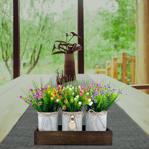 Gypsophila Baby's Breath Artificial Flowers in Rustic Metal Pots and Wood Tray, Table Centerpiece Decorations Fake Flowers for Home Décor - style: Gypsophila Baby's Breath