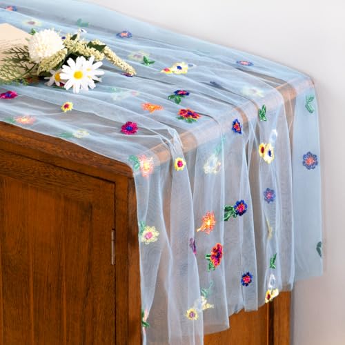 Socomi Flower Table Runner Summer Daisy Floral Tulle Gauze Cheesecloth Embroidery Table Runners for Tea Party Garden Wedding Bridal Baby Shower Birthday Picnic Decor Blue 3pcs - color: Daisy Blue, size: 10ft X 3pcs