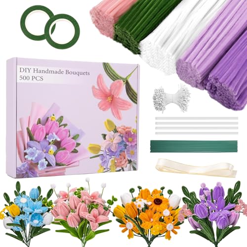 Pipe Cleaners Craft, 500 PCS Pipe Cleaner Flower Kit with 5 Colors Chenille Stems, Floral Wires, Ribbon, Gardening Tape & Stamen for DIY Bouquets, Arts and Crafts Supplies - color: Multicolor-A