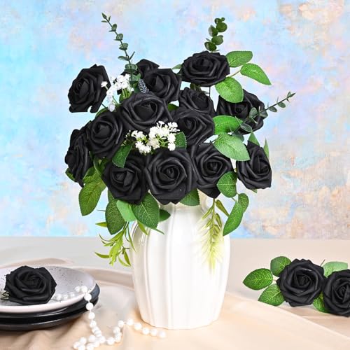9 Pcs Artificial Flowers Fake Rose with Stems - Black Real Touch Foam Roses for DIY Wedding Bouquet Bridal Shower Cake Toppers Centerpiece Table Valentines Day Supplies Decorations - color: Black, size: 9Pcs