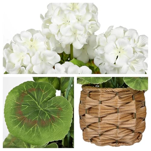 Briful Artificial Geraniums Flowers Potted Plant - 13.7'' Tall Faux White Silk Realistic Lush Geraniums Flowers in Basket, Indoor&Outdoor Decorative Plant, Farmhouse Home Porch Office Patio Table - color: White, Basket