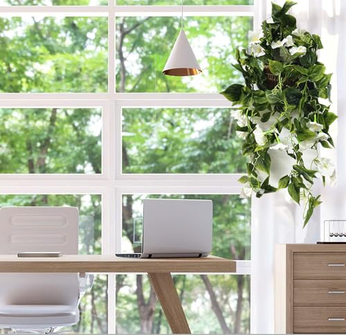 Artificial Morning Glory Flower Vines, Fake Hanging Plants Silk Garland Ivy Faux Green Leaves Vine Decoration for Home Bedroom Wedding Party Garden Wall Fence Stairway Baskets Decor White 2 Pack - color: Morning Glory Vines - White 2 Pcs