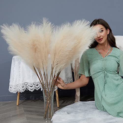 FOTEEWL 8 PCS Faux Pampas Grass Decor 38"/3.1FT Tall Fake Pompas Floral Large Artificial Pompous Grass Branches Plants for Floor Vase Filler Home Boho Decoration (Cream/Beige) - color: Beige