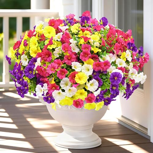 Artificial Flowers for Outdoors, 14 Bundles Fake Outdoor Flowers, UV Resistant Artificial Outdoor Plants & Flowers for Decoration, Colorful Morning Glory for Garden Porch Yard Patio, Mixed Color A - color: Purple, Rose Red, White & Yellow, size: 14 Bundle