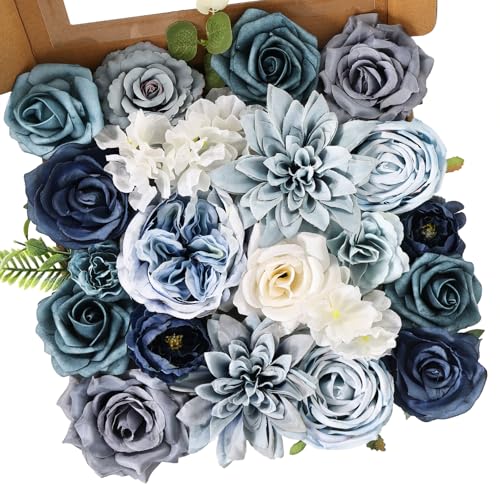 Artificial Flowers Dusty Blue Fake Flower Combo Set for DIY Wedding Bouquets, Faux Flowers with Stems for Table Centerpieces Cake Decorations Home Decor - color: Dusty Blue