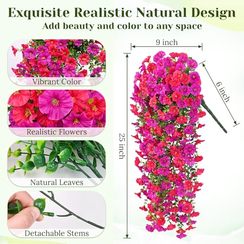 Dolicer 2 Packs Look Real Artificial Flowers for Outdoors, Fake Artificial Hanging Flowers for Outdoors Realistic UV Resistant Faux Hanging Flowers Silk Petunia for Porch Patio (Fuchsia+Rose Red) - color: Fuchsia+rose Red, size: 2 packs