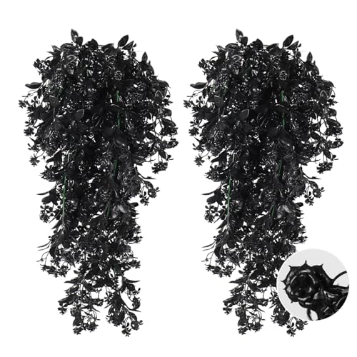 RECUTMS 2Pcs Artificial Black Hanging Flowers for Outdoors Decoration Fake Hanging Plants UV Resistant Plastic Greenery Vines Ivy for Halloween Gothic Home Porch Wall Garden Party Decor（Black） - color: Black-rose
