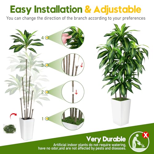 Artificial Dracaena Tree Indoor, 5FT Tall Fake Tree with White Tall Planter, Artificial Tree Fake Yucca Potted Tree for Home Office Living Room Decor, Tall Artificial Plant for Housewarming - color: White, size: 5ft
