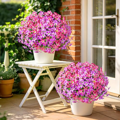 MARTINE MALL 24 Bundles Look Real Artificial Flowers for Outdoors, Realistic Fake Outdoor Flowers, UV Resistant Silk Petunia Flowers for Outside Faux Flowers for Outdoor Garden, Fuchsia & Rose Red - color: Mixed Fuchsia & Rose Red, size: 24 Bundles