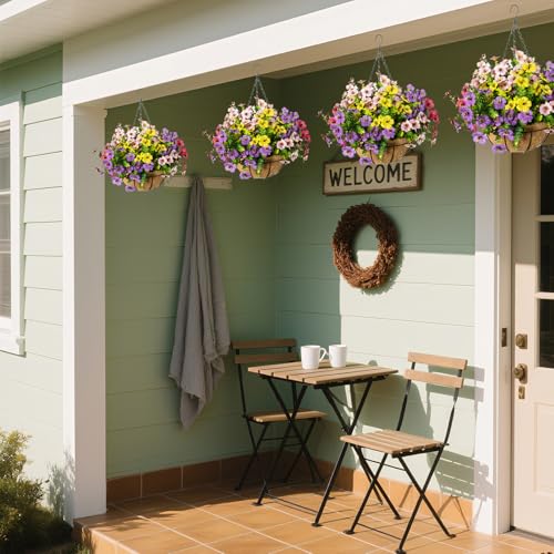 Artificial Hanging Flowers for Outdoors with Basket,UV Resistant Realistic Faux Hanging Plants Outdoor Artificial Flowers for Outdoors Basket for Yard Porch Patio Garden Home Decor,12 Bundles Mix - color: Purple+pink+yellow+rose Red