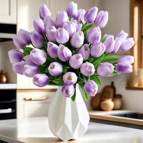 PU Real Touch Tulips Artificial Flowers 30Pcs Fake Flowers Arrangement Bouquet for Home Office Wedding Decoration (Purple) - color: Purple 30pcs