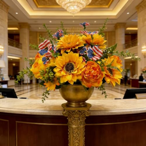 8 Faux Silk Peonies with 4 Free Silver Dollar Eucalyptus Stems, Multi-Color Floral Decor for Home, Courtyard, Wedding & Hotel (Yellow, 12) - color: 8xiangrikuiyellow +4anshuye, size: 12 pack