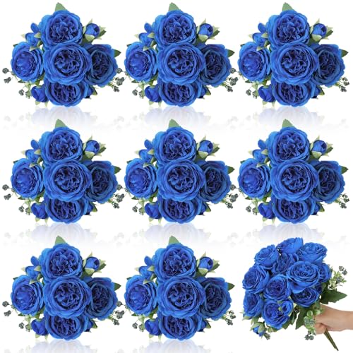 8 Pack Royal Blue Peonies Artificial Flowers,Fake Silk Hydrangea Bouquet for Bridal Wedding Home Table Decor Reusable Dining Opening Ceremony Birthday Arrangement Faux Floral