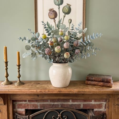 Artificial Flowers -12Pcs Artificial Poppy Pods, Real Touch Flowers for Bathroom,Coffee Table,Wedding, Home,Party Decoration,Table Centerpiece Arrangement (Green & Brown,No Include Vase)
