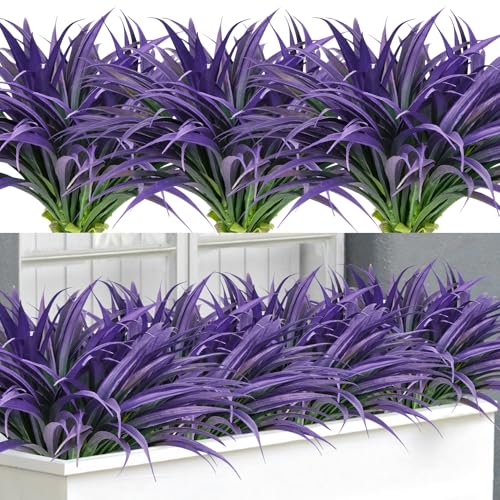 Ouddy Decor 20 Pcs Fake Outdoor Plants Artificial Grass Greenery Stems Faux Plastic Plants UV Resistant for Spring Summer Indoor Outside Garden Hanging Planter Porch Window Box Home Decor, Purple - color: Purple