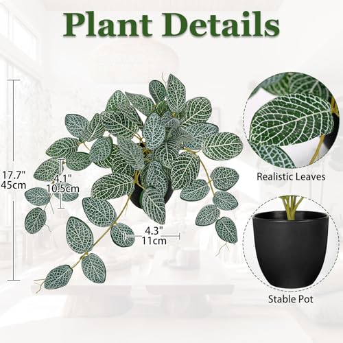 17.7" Artificial Plants Indoor Home Decor, Fake Potted Silk Plants for Shelves, Desks, Living Room, Home & Office Decor, Small Artificial Ivy Vine Nerve Plant in Pot, Faux Greenery Tropical Plant - color: #Green Nerve Ivy Plant