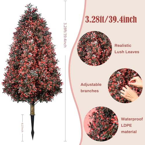 Set of 2 Topiary Trees Artificial Outdoor for Spring, 3.3FT Tall Artificial Plant Faux Shrubs Bushes with Stakes,UV Resistant Fake Boxwood Plants for Outdoor Planter,Porch, Garden, Patio,Indoor Decor - color: Red