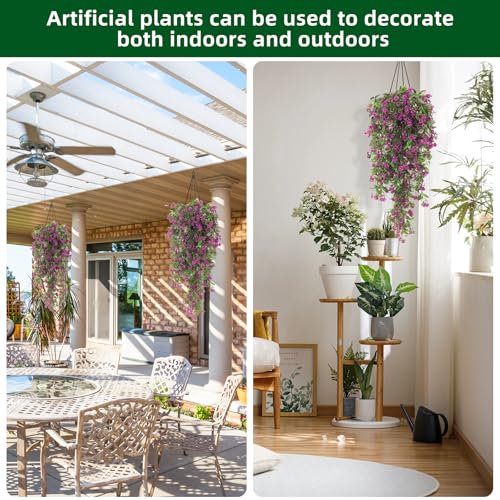 RECUTMS 2Pcs Artificial Hanging Flowers for Outdoor Decoration Fake Hanging Plants Faux Flowers Artificial UV Resistant Plastic Greenery Vines Ivy for Outdoor Indoor Garden Party Decor（Fuchsia） - color: Fuchsia-rose