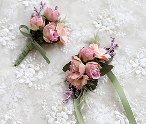 Rose Wedding Wrist Corsage and Boutonniere Set Party Prom Hand Ribbon Flower Suit Decor (Pink) - color: Pink