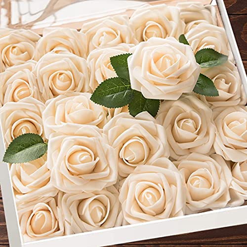 Higfra Artificial Flowers Champagne Roses W/Stem, Rustic Farmhouse Decor for Home Wedding Kitchen and Office Ideal Bridal Shower Party Home Decorations 25pcs - color: Champagne, size: 25Pcs