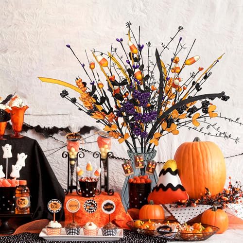 6 Pack Artificial Halloween Floral Picks Purple Orange Black Berry Stems Halloween Tree Branches with Candy for Halloween Party Flower Arrangement Centerpieces