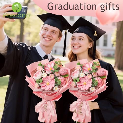 Alecono Crochet Flower Bouquet, Pink Handmade Knitted Flowers, Crochet Tulips Galsang Flower for Mother's Day Anniversary Birthday Graduation Lover Valentines Day Gifts (with Card) - color: Pink, size: Large