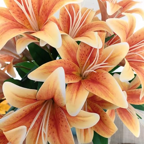 Artificial Lilies Flowers,10Pcs Faux Lily Flower,20''Tiger Lily Branch with 2 Full Blooms , Faux Fake Lilies Plants for Wedding Bouquet Home Party Indoor Floral Arrangements (10, deep orange) - color: Deep Orange
