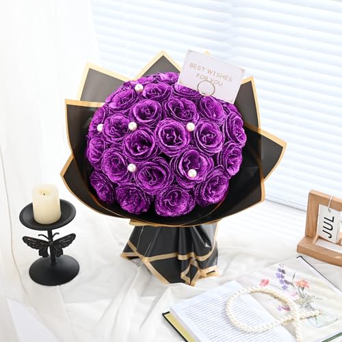 Waipfaru Glitter Roses Bouquet, DIY Fake Flowers Bouquet, Everlasting Shiny Artificial Rose Bouquet for Valentines, Anniversary, Engagement, Wedding, 24 Roses - color: Purple, size: 24pcs