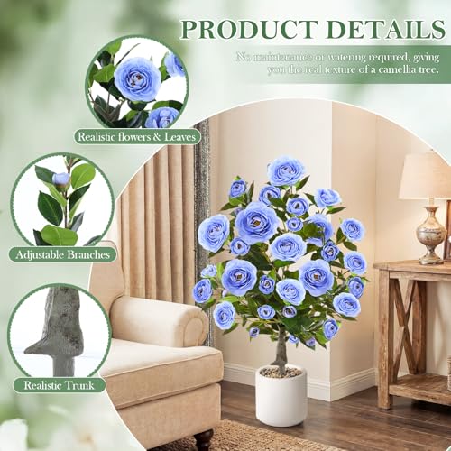 Lunmon 2 Pack 3ft Artificial Camellia Plants Tree 36" Faux Camellia Flower with Spike UV Resistant Realistic Fake Floral Blooming Bush for Indoor Outdoor Front Door Porch Backyard Garden, Light Blue - color: Light Blue, size: 3 ft