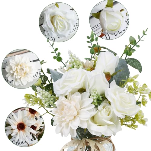 CEWOR Fake Flowers in Vase, Artificial Flowers Arrangement in Vase, Fake Floral Table Centerpieces Decor for Kitchen Farmhouse Coffee Table Living Room Bathroom Plant Decor - color: White