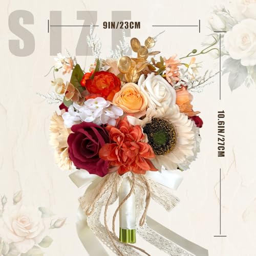9 Inch Sunflower Wedding Bouquets for Bride Bridesmaid, Burgundy Red Roses Burnt Orange Artificial Flowers Bridal Bouquet Vintage Fall Winter Boho Rustic Wedding Decoration Toss Bouquet Prom - color: Sunflower, Burgundy