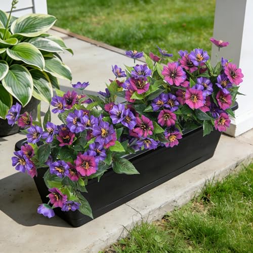 Hrobek Fake Artificial Flowers for Outdoors Decoration,4 Bundles Silk Faux Spring Flowers with Plants Leave UV Resistant for Planter Front Door Porch Yard Patio Window Box Home Indoor Decor - color: Purple,purple Red
