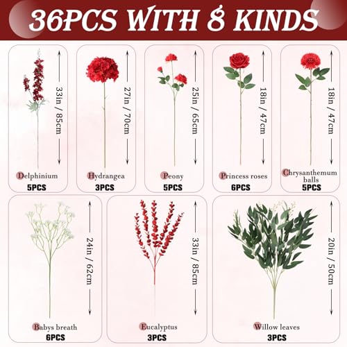 Suncalla 36 Pcs Red Artificial Flowers Bouquet Set 8 Kind Faux Delphinium Rose Peony Chrysanthemum Hydrangea Baby's Breath Florals with Greenery Long Stem for Wedding Table Vase Decor - color: Red