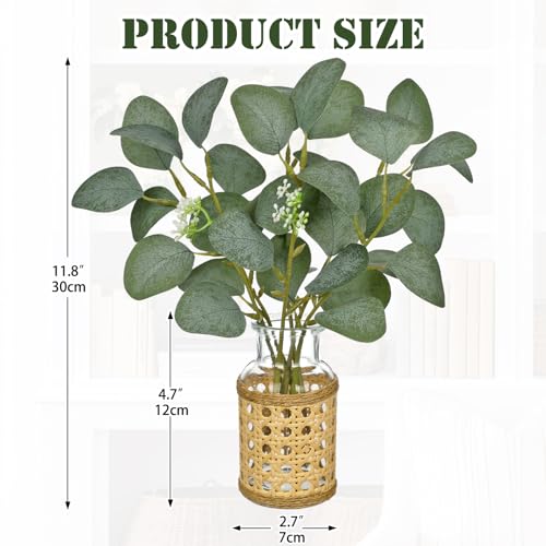 Hollyone Artificial Eucalyptus Stems in Woven Glass Vase with Faux Water, 11.8" Fake Plants Eucalyptus Leaves Branch for Indoor Shelf Desk Home Bathroom Wedding Table Centerpiece Decor - color: Green #3