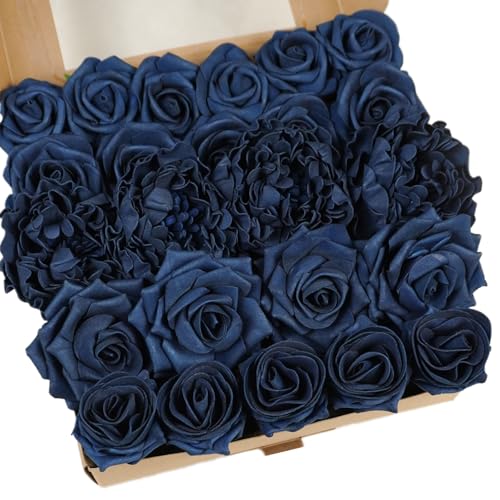 24pcs Navy Blue Artificial Flowers Combo, Faux Foam Roses & Peonies Fake Flowers with Stems for DIY Wedding Bouquets, Table Centerpieces, Bridal Shower, Cake Flowers & Home Party Decorations - color: Blu-navy Blue
