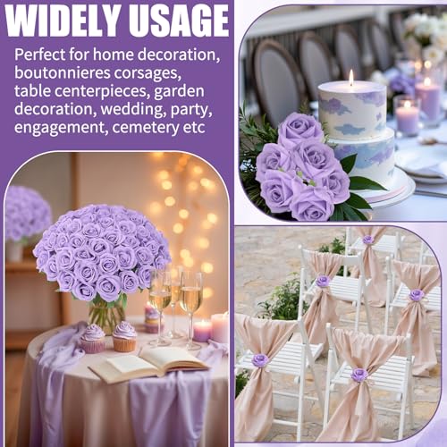 72 Pcs Artificial Roses Light Purple Fake Silk Roses Realistic Roses Faux Flower Indoor Wedding Home Decor, Birthday Decorations - color: Light Purple