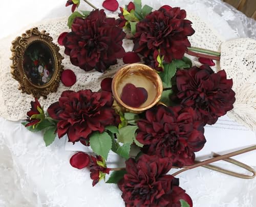 6pcs Fake Dahlia Artificial Flowers Burgundy Large Faux Dahlia Silk Flowers with Long Stem for Wedding Baby Shower Party Floral Arrangements Home Tables Decoration（Burgundy - color: Burgundy