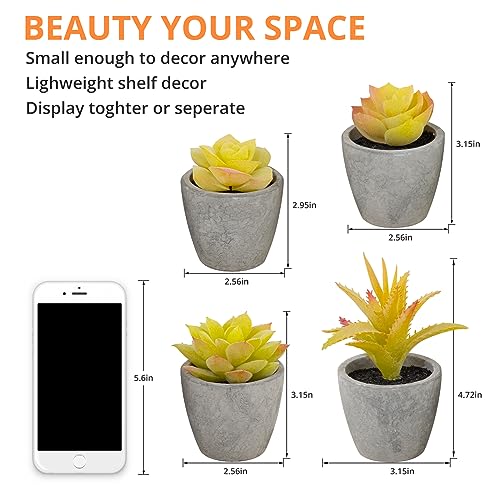 Set of 4 Small Yellow Fake Succulent Plants - Mini Artificial Succulents for Bathroom, Living Room, Office Desk, Coffee Table, Kitchen Shelves - Aesthetic Indoor Shelf Decor - color: 4pcs Yellow