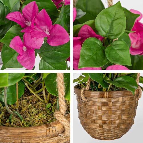 Briful Fake Hanging Basket Flowers, 27.5in Faux Pink Bougainvillea Flowers in Woven Rattan Planter with Cascading Vines for Home Garden Balcony Outdoor Porch Decor, Pink - color: Hot Pink