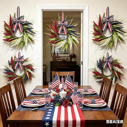 6 Pcs Small 4th of July Hanging Wreaths for Cabinets Patriotic Red White Blue Artificial Ear of Wheat Ring Small Pillar Candle Holder Wreath for Independence Day Memorial Day Porch Front Door - color: Patriotic-3