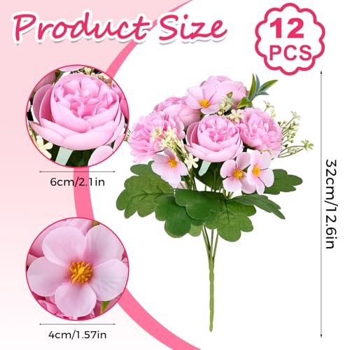 Olgaa 12 Bundles Peonies Artificial Flowers Fake Hydrangea Silk Peony Bouquet Bulk for Vase Floral Arrangements Wedding Arch Decor Centerpiece Table Decorations (Pink) - color: Pink
