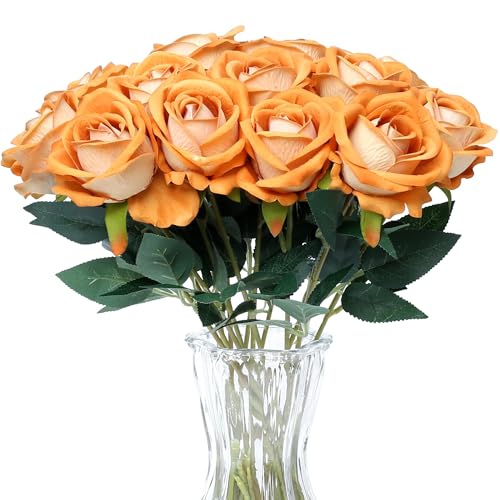 SITUMEIZI 15PCS Artificial Roses Silk Flowers Fake Roses Realistic Bouquet Long Stem with Gift Box for Mother's Gift Day Home Party Wedding Decorations(Gold) - color: Gold