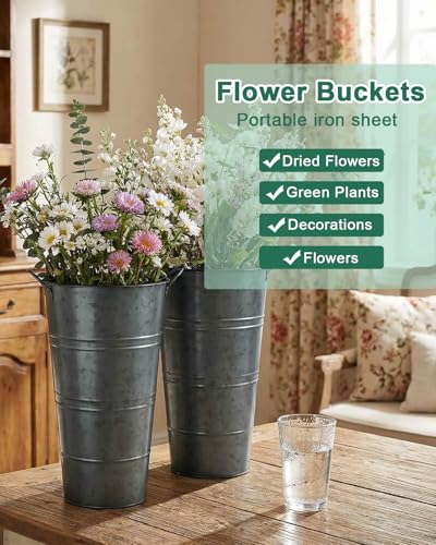 vensovo 12 Inch Galvanized Metal Vases for Flowers - 6 Pcs Farmhouse Decorative Tall Flower Bucket with Handles, Rustic French Tin Planter Buckets for Wedding Decor (Galvanized Black) - color: Galvanized Black